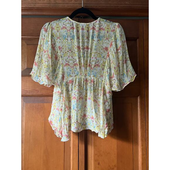 Zara Women’s Floral Lace Up Short Sleeve Blouse Smocked Back Multicolor Size S - Picture 4 of 8